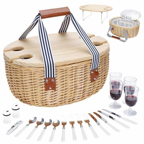 STBoo Picnic Basket for 4, Insulated Wicker Hamper with Table (Stripe) 