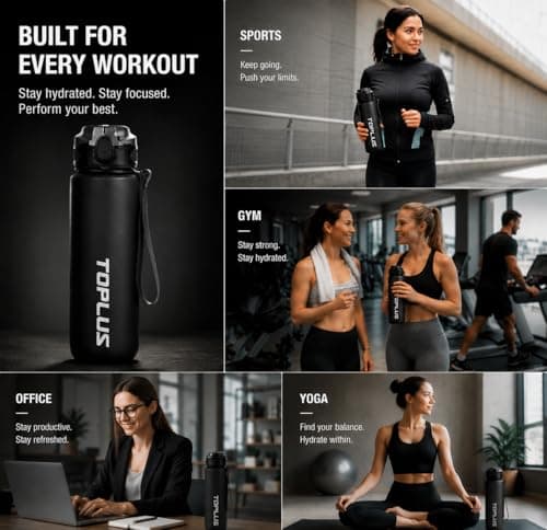 TOPLUS Sports Water Bottle 1L BPA-Free Tritan, Leakproof, Black — view 4