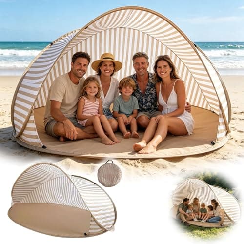 Pop-up Beach Tent for 3-4 People, 120x100cm Beach Shelter with 50+ UV Protection, Portable Automatic Wind Protection, Throw Tent for Family, Camping, Garden, Beaches (Brown_185X85cm) — view 5