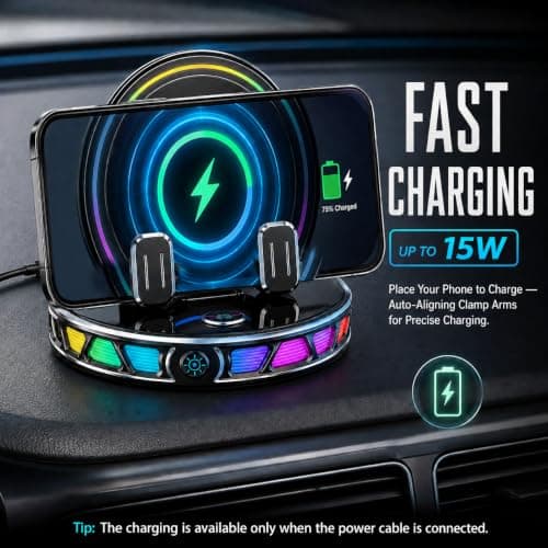 15W Car Charger Mount, RGB Auto-Clamping Phone Holder with Suction Cup — view 4