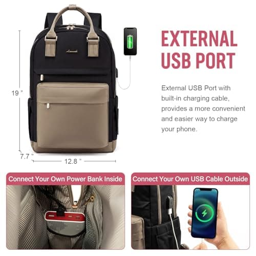 LOVEVOOK Laptop Backpack Womens, 17 Inch School Bags for Girls Travel Rucksack with USB Port Waterproof Back Pack for Work Business College School, Khaki Black — view 5