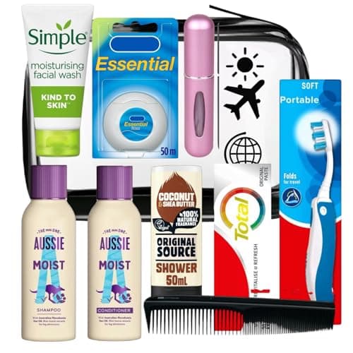 Women’s Essential Travel Toiletry Kit – TSA Approved Clear Bag with Shampoo, Conditioner, Coconut Shower Gel, Toothbrush & Case, Toothpaste, Facial Wash, Comb & Perfume Atomiser
