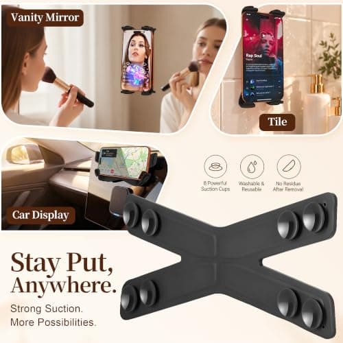 Airplane Phone Holder, Flexible Silicone Cell Phone Stand with Suction Cups & Charging Cutout, Bendable Foldable Portable Travel Essentials for Desk Bed Treadmill, All Phones Tablets, Black 1 Pack — view 5