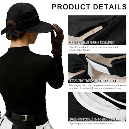 ADUDVLO Sun Hats for Women UK, Stylish UPF 50+ 2-in-1 Detachable Top & Adjustable Visor, Foldable Packable Wide Brim Beach Hat for Travel & Outdoor (Black) — view 4