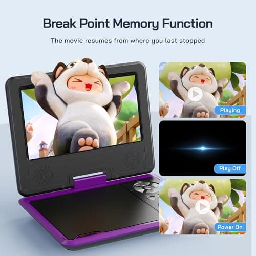 WOLFANG 9.5" Portable DVD Player for Kids and Car Travel with 7.5" HD Swivel Screen, 4-6 Hours Battery Life, Region Free, Stereo Speaker, Headphone/Sync TV/USB/SD Card, Purple [No Blu-ray Support] — view 6