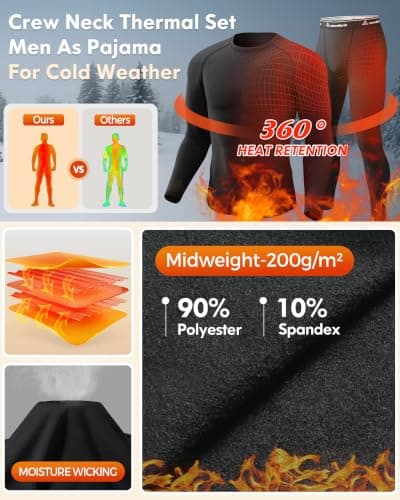 CL convallaria Men's Thermal Underwear Set Ultra Soft Fleece Lined Long Johns Winter Gear Base Layer Top and Bottom Set Sport Style Black — view 5