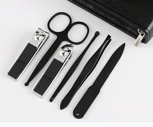 Men's Manicure Set of 6, High-Carbon Steel, Nail Clippers, Round-tip Vibrissa Scissors, Nail File, Earpick, Black Travel Case — view 2