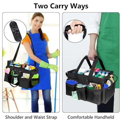 Jonuin Cleaning Caddy with Handle, Professional Cleaning Bag with Detachable Divide, Adjustable Shoulder Strap & Waist Belt, Large Cleaning Caddy for Cleaning Supplies, Home, Car, Garden, Craf (Black) — view 5