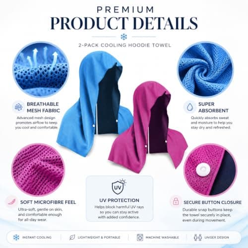 Infinity & Breathe 2 Pack Cooling Hoodie Towel, Absorbent Instant Cooling Towels for Neck and Face, UV Protection Soft Ice Towels for Hot Weather, Sport, Gym — view 4