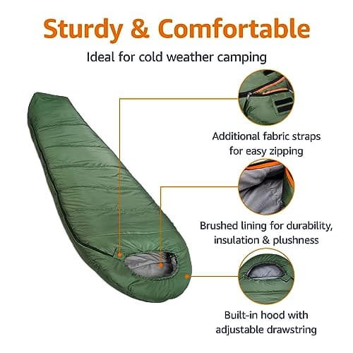 Amazon Basics Sleeping Bag for Cold-Weather Camping and Hiking, Lightweight, Mummy, Olive Green — view 2