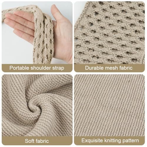 Adiwo Crochet Beach Bag, Knitted Handbags for Women, Retro Hollow Tote Bag, Mesh Beach Bag, Holiday Bags for Women, Bohemian Style for Holiday, Daily Work, Shopping, Travel (Khaki) — view 4