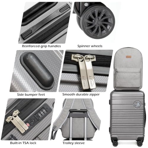 Aklsvion 20 Inch Suitcase Set PC Hard Shell Luggage Hand Luggage Travel Trolley Case Cabin Bag Sets 3 Piece Luggage Sets with Travel Backpack and Toiletry Bag for Short Travel (Grey) — view 4