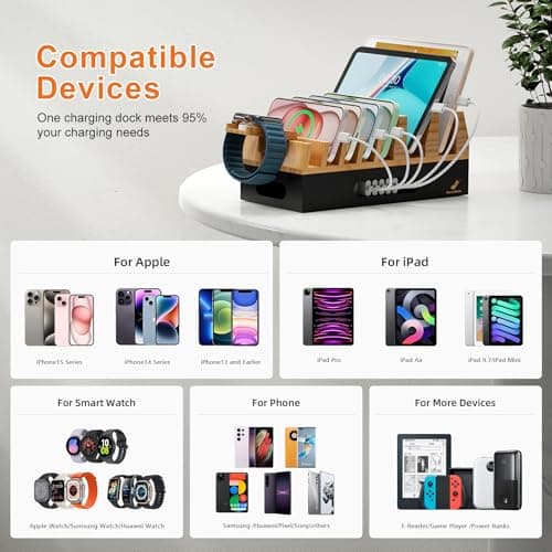 All In One Family Dock Station, Wooden Bamboo Charge Stand-Natural+Black — view 2
