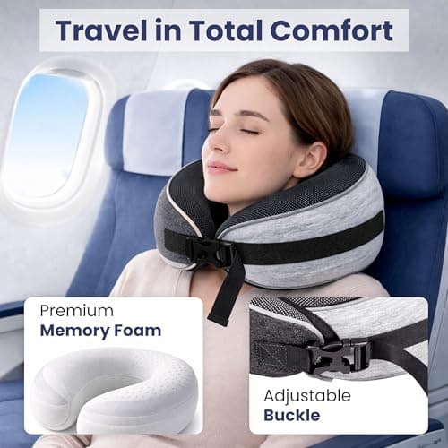 Travel Neck Pillow with 360° Chin Support, Memory Foam Neck Pillow for Airplane, Car, Train & Office, Ergonomic Travel Pillow, Breathable Lightweight Design, Includes Eye Mask, Earplugs & Travel Bag — view 4