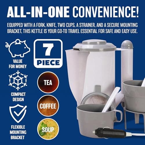 12v Car Travel Kettle - For Van Motorhome Boats Jug Caravan | Hot Water, Coffee, Tea Travel Camping Hiking Caravan Boiling Volt Water Socket - Includes Cigarette Socket Lighter Charger — view 3