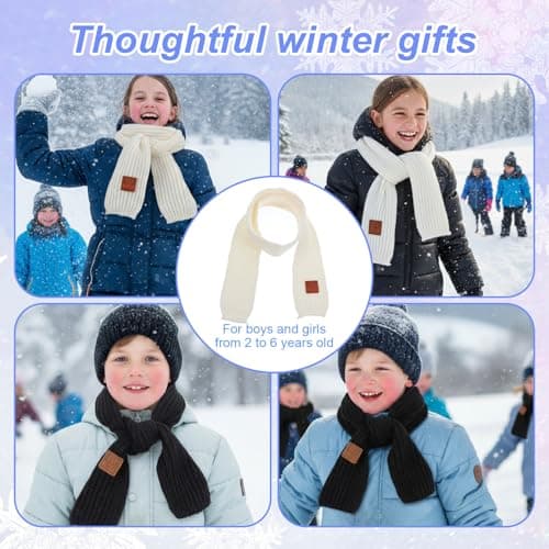 Abeillo 2 Pack Warm Kids Winter Knit Scarves Soft Knitted Neck Warmer Scarf Warm Scarves Wrap for Boys Girls (Beige, Black) — view 6
