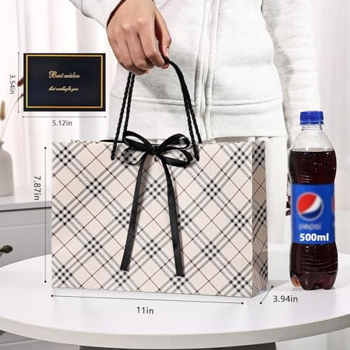 BBLIKE Paper Gift Bags for Presents - 2 Pcs Medium Brown Plaid Gift Bag with Bow Ribbon, Large Luxury Personalised Gift Bags with Handles for Wedding Christmas Birthday Valentines Party Favors — view 3