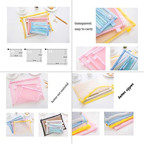 HYFAN Zipper File Folder Bag Breathable Transparent Mesh Document Pocket A4 Paper Pouch Storage for Office School Supplies (PVC, 6 Colors, A4 Size, Pack of 6) — view 4