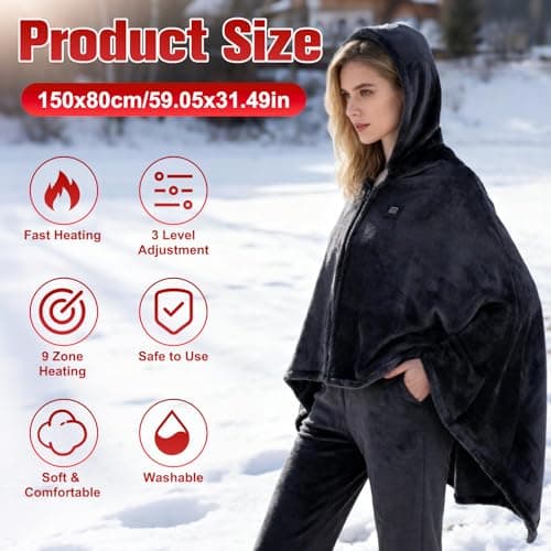 USB Heated Shawl Blanket, 150 * 80cm Heated Blanket Electric Throw, Wearable Heated Wrap with 3 Temperature Settings, 9 Heating Zones, Soft Flannel Heated Blanket Throw, for Home Office Travel — view 2