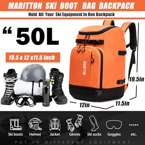 MARITTON Ski Boot Bag - Ski Boots and Snowboard Boots Travel Backpack for Ski Helmet, Goggles, Gloves, Skis, Snowboard & Accessories. (orange) — view 2