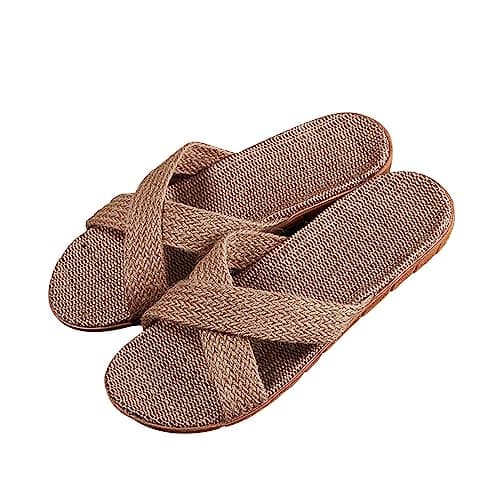 Sandals & Slides for Men and Women Slippers Linen Slippers Flax Shoes Indoor Bamboo Straw Bathing Shoes Outdoor Sandals Non-Slip Slippers Bohemian Beach Sandals Espadrille Lovers Slippers, khaki, 10