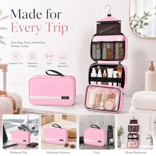 Maliton Hanging Toiletry Bag, Waterproof Foldable Wash Bag (Pink) — view 6