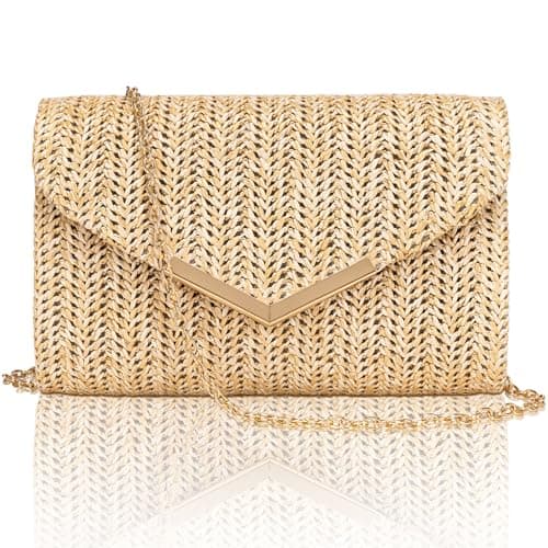 Larcenciel Boho Women's Clutches, Woven Straw Clutch Bag w/Detachable Chain, Summer Envelope Straw Beach Bag, Hand-Woven Evening Handbag for Wedding, Dinner, Prom, 20×13×5CM
