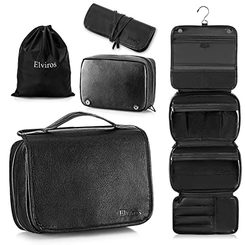 Elviros Hanging Toiletry Bag for Men, 3-in-1 PU Leather, Black