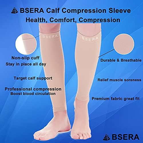 BSERA Calf Compression Socks for Women 2 Pairs 15-20mmHg Calf Support Footless Compression Socks for Periostitis, Varicose Veins, Recovery, Leather/Nude 2 pairs, Medium (Pack of 2) — view 3