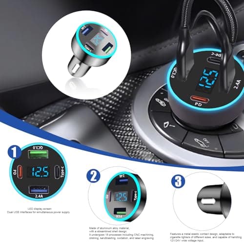USB C Car Charger Adapter, 4-Port Fast Charging Metal USB Charger with Voltmeter, Car Phone Charger 12v/24v Car Accessory, In Car Phone Charger, Fast Charge Car Charger — view 4