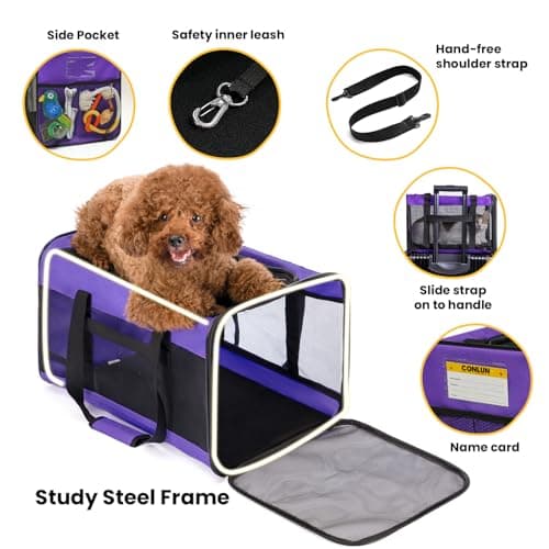 Conlun Dog Carrier Bag,Soft-Sided Pet Carriers for Dogs with 4-Sided Mesh, Cat Transport for Large Cats Small Dog Up to 9Kg,Collapsible Dat Travel Carrier-L,Purple — view 3