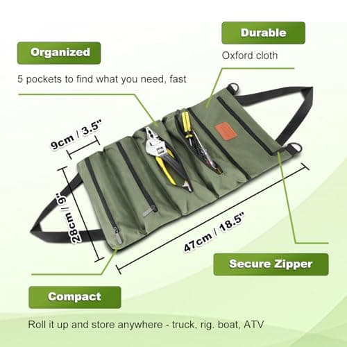 MORROWIND Roll up Tool Bag, Heavy Duty Portable Tool Organizer with Waterproof Oxford Cloth and Zipper Pouch, Rollable Carrying Storage for Mechanics Electricians and Repairmen, Green — view 2