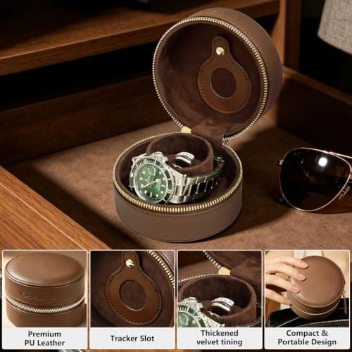 KAMIER Single Watch Travel Case, Portable PU Leather Watch Box — view 2
