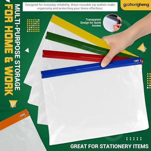 Pack of 10 A4 Plus Waterproof Zip Bags – Clear Plastic Wallets with Writable Label Panel & Colour Zip – Reusable Ziplock Pouches for School, Office, Travel, Artwork, Documents & Stationery Storage — view 5