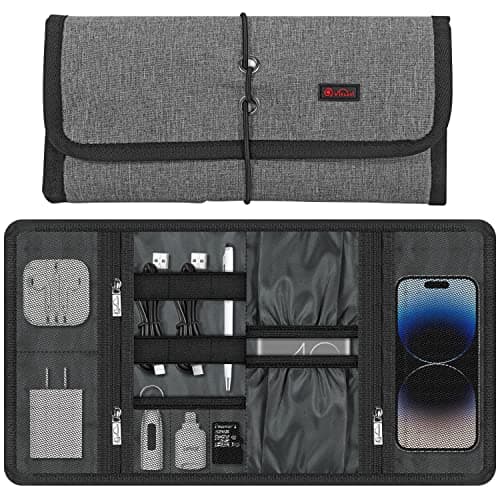 Vinsani Roll Up Accessories Universal Travel Organiser Easy Carry Portable Foldable Make Up Cable Charger Earphones USB SD Card Electronics Essentials Carrying Case – Grey