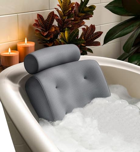 Everlasting Comfort Bath Pillow – Bath Cushion for Head and Neck Support – Quick Dry Waterproof Mesh – Luxury Bath Accessories with Suction Cups – Bath Pillows for Head and Neck – Grey