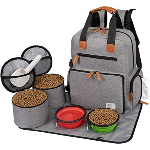 Modoker dog Travel Bag, Airline Approved Backpack for Pet Accessories Organizer, Tote Weekend Bag with 2 Food Storage Containers, 2 Collapsible Bowls, 1 Pet Mat, Grey