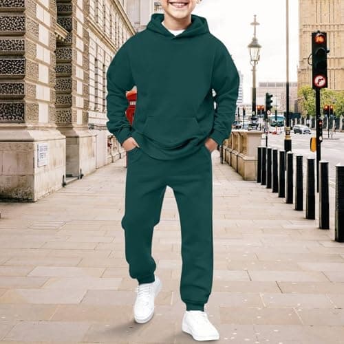 Kids Tracksuit Full Set 2 Piece Sport Outfit Boys Girls Long Sleeve Hoodie Sweatshirts and Loose Sweatpants Bottom Jogging Pants Activewear Track Suit (Blackish Green, 6-7 Years) — view 5