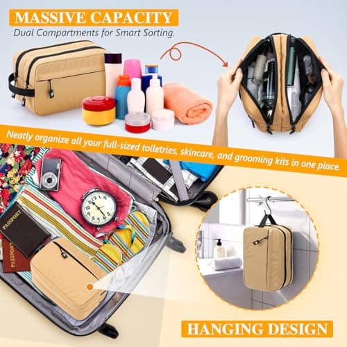 GNEGNI LIFE Toiletry Bag Carry-On Cosmetic Bag – Large Hanging Travel Toiletry Bag with 2 Zippered Main Compartments – Travel Essentials Wash Bag for Men & Women, 26 cm (Khaki) — view 4