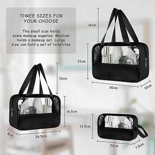 Aucuu 3PCS Clear Toiletry Bag, Wash Bag, Clear PU Makeup Bags, Waterproof Toiletry Travel Bags with Zipper Handle, Portable Airport Cosmetic B-ag for Travel Bathroom Men Women (Black) — view 6