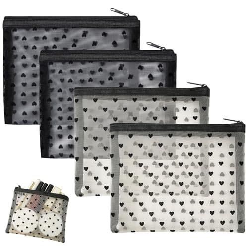 LUFFLOK 4 Pcs Small Make Up Bag Heart Print Clear Makeup Bag with Zipper