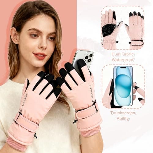 Ski Gloves Women Waterproof Winter Thermal Touchscreen, Snow Gloves Windproof Fleece Lined Snowboard Cycling Bike Use,Pink — view 3