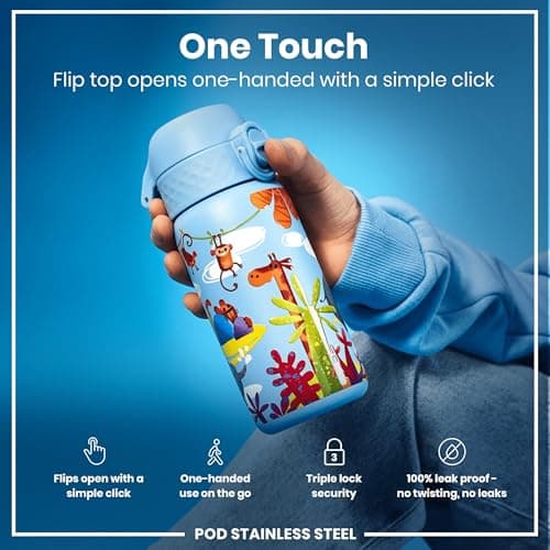 Ion8 Lightweight Steel Kids Water Bottle, 400ml/13oz, Non-Insulated, Leak Proof, Easy to Open, Secure Lock, Dishwasher Safe, Fits Cup Holders, Carry Handle, Metal Water Bottle, Blue, Safari — view 3