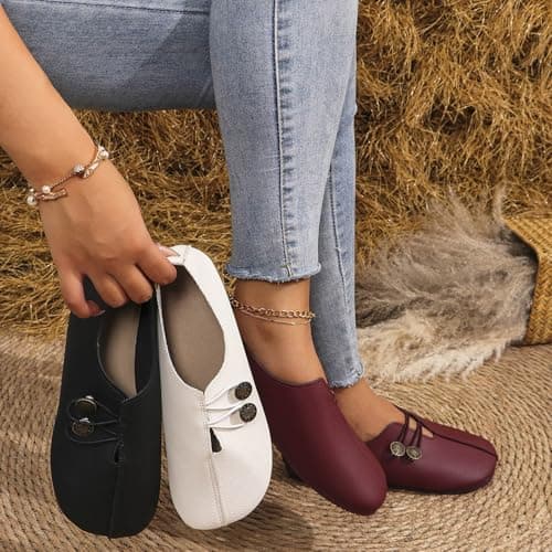 Sport Shoes Women Soft Leather Flats for Women Summer Lightweight Round Toe Orthopedic Walking Shoes Fashion Retro Dressy Ballet Loafers with Button Comfortable Suede Slip on Footwear Brown — view 5