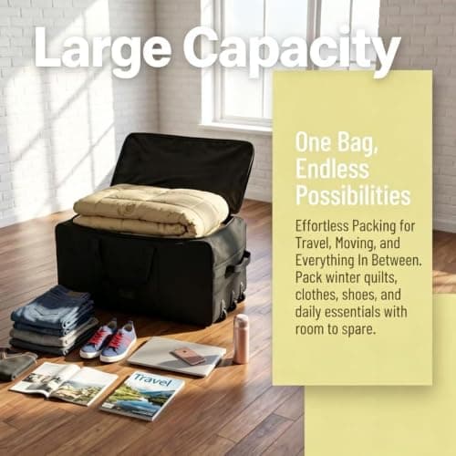 seyfocnia Rolling Duffle Bag with Wheels, Large Foldable Wheeled Travel Duffle Bag for Men Women, Waterproof Travel Luggage Bag Carry on Duffel Bag for Travel Gym Camping Moving Weekend, Black — view 5