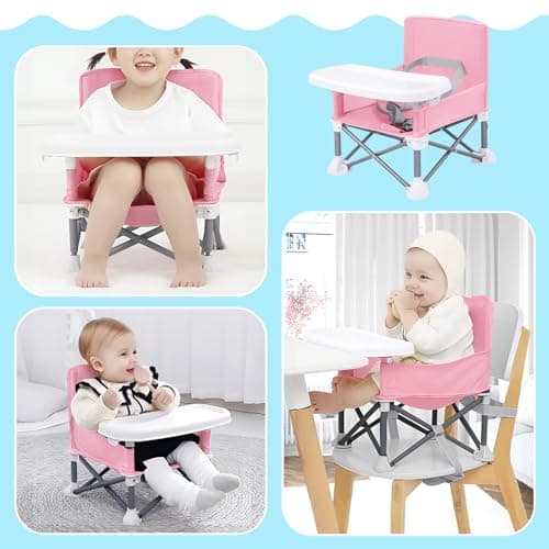 Generic Baby Seat Booster, Space Saver Toddlers, Portable Folding Booster Feeding Chair with Belt/Food Tray/Travel Bag, Pink — view 3