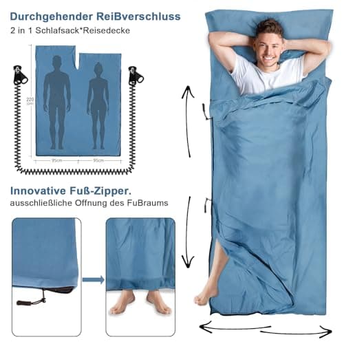 LSTRAGY Sleeping Bag Liner with Pillow Slot,Portable Lightweight Sleeping Bag Liners with Two Way Zippers,220x95cm Travel Sheet for Backpacking, Hostels, Huts Camping Essentials(Blue — view 3