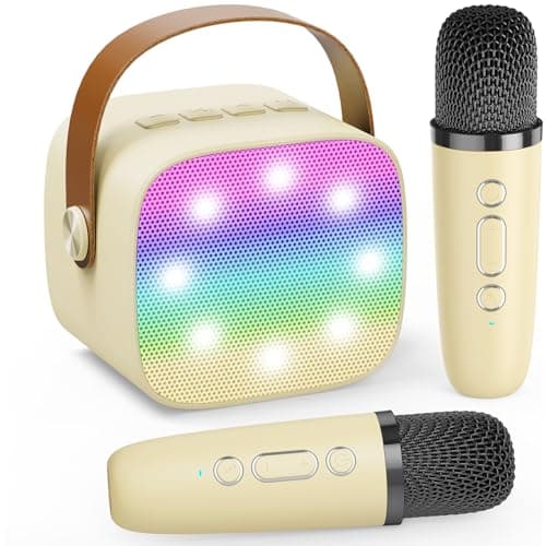 2026 Mini Karaoke Machine for Kids Adults, Portable Bluetooth Speaker with 2 Wireless Microphones, MP3 Music Player for Girls Boys 3-11,12+ Years Old, Gifts for Family Home Birthday Party (Beige)