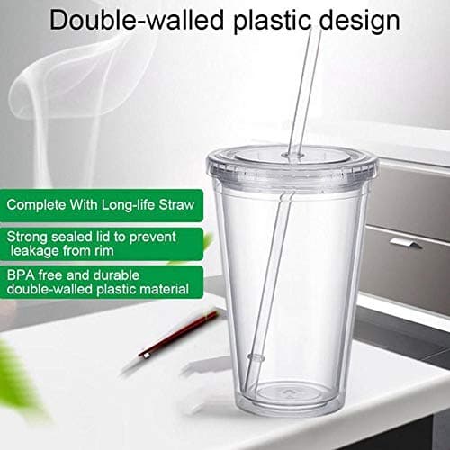 Clear Insulated Plastic Coffee Cup with Lid and Straw Double Wall Tumbler Reusable Travel Mug for Hot Cold Drinks Leakproof Spill Proof Lightweight Beverage Container — view 2