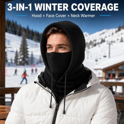 DOINEUFL 2 Pack Balaclava for Men Women, Thermal Fleece Ski Mask with Glasses Hole, Winter Hooded Face Cover with Drawstring for Motorcycle, Cycling, Snowboarding and Running Black — view 6